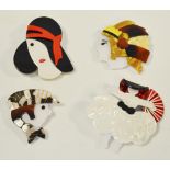 Four Art Deco acrylic brooches, depicting an elegant lady, an American Indian, country gentleman,