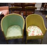 A Lloyd Loom style tub chair; a Lloyd Loom style commode chair; four dining chairs.