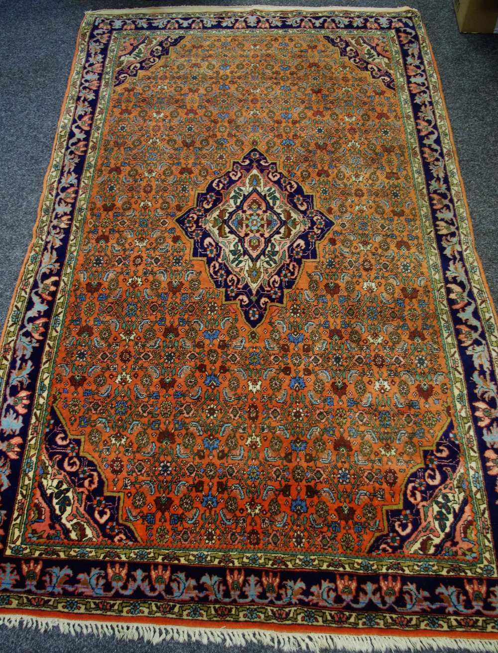 A Hand Woven Persian Bijar Rug, geometric and floral designs in Taupe indigo,