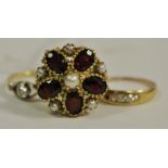 A 9ct Gold Ring, floral setting, set with oval garnet petals, centre pearl and seed pearls, 5.