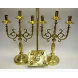 A Pair of cast brass two branch candlesticks, scrolling arms, a chestnut roaster (3).