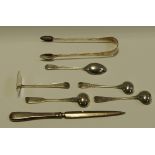 A George IV Silver Salt Spoon, others, George III silver sugar tongs, white metal letter opener,