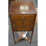 A George III flame mahogany pot cupboard, square top, single drawer over cupboard,