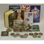 Coins - five Elizabeth II five pound coins, various 19th century and later foreign coins,