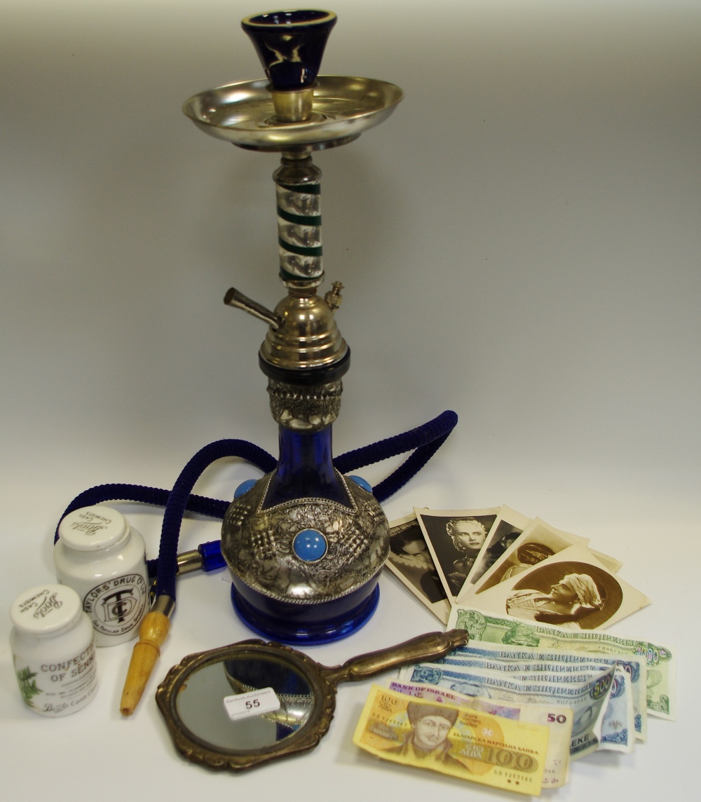An Islamic Hubba pipe, Israel notes, hand mirror, postcards, etc.