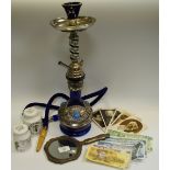 An Islamic Hubba pipe, Israel notes, hand mirror, postcards, etc.