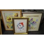 M.Parkin Still life Sunflowers, Poppies, Peonies watercolour, signed and framed.