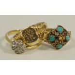 A 9ct gold signet ring 2.2g, a 12.5ct gold lady's floral cluster ring 1.7g (3).