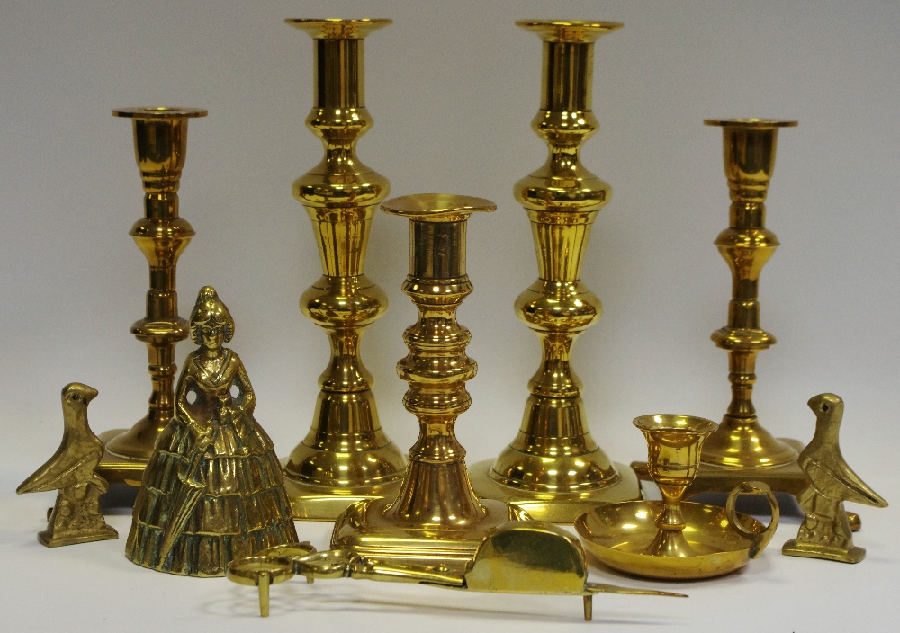 A pair of George III brass ejector candlesticks; another 18th century etc.