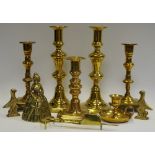 A pair of George III brass ejector candlesticks; another 18th century etc.