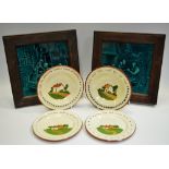 Two Minton Hollins rectangular turquoise relief moulded tiles, with tavern scenes, 19cm square,