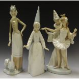 A Lladro Pierrot and Ballerina, others; lady with geese; a Fairy Godmother.