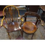 A Fischel bentwood carver chair; a Windsor style armchair.