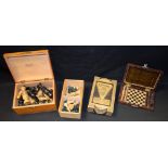 Chess - a travelling chess set, the two-tone hardwood box with hinged cover, 14.