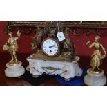 A 19th century matched gilt metal and alabaster three piece clock garniture, spelter figure case,