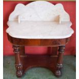 A Victorian mahogany demi-lune washstand, marble top, c.