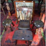 A 19th century oak milking stool; an elm child's rocking chair; a pair of 20th century elm stools;