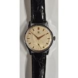 Omega - a retro 1950's wristwatch, brushed silvered dial, raised Rose gold block batons,