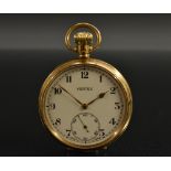 Vertex - a 9ct gold open face pocket watch, white enamel dial, Arabic numerals, minute track,