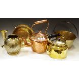 Brass and copper ware including a Victorian jam pan; copper kettle; brass kettle; Indian brass jar;