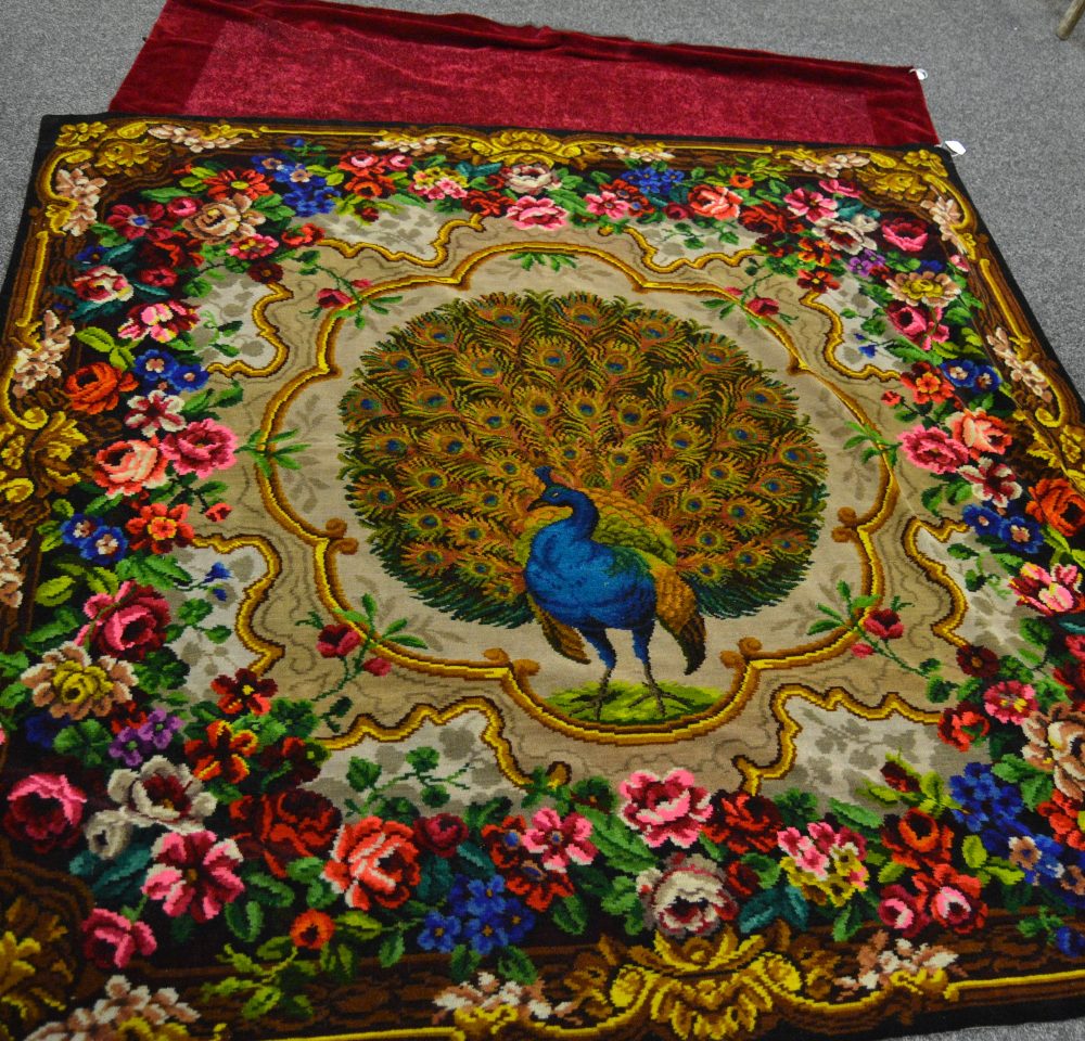 Textiles - a 1950s chenille throw, the central field decorated with a peacock,