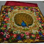 Textiles - a 1950s chenille throw, the central field decorated with a peacock,