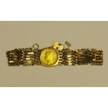 A Victorian sovereign set gate bracelet, 1871, 9ct gold seven bar gate bracelet, padlock clasp, 23.