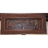 Tribal Art - an African embossed copper plaque, Village Life, carved frame,