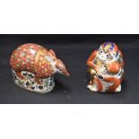 A Royal Crown Derby paperweight, Armadillo, gold stopper, boxed; another, Monkey and Baby,