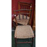 A near pair of rush seated country side chairs,
