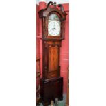 An oak and mahogany longcase clock, 32cm arched painted dial, the case with a swan neck pediment,