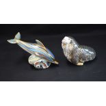 A Royal Crown Derby paperweight, Russian Walrus, gold stopper, boxed; another, Stripe Dolphin,