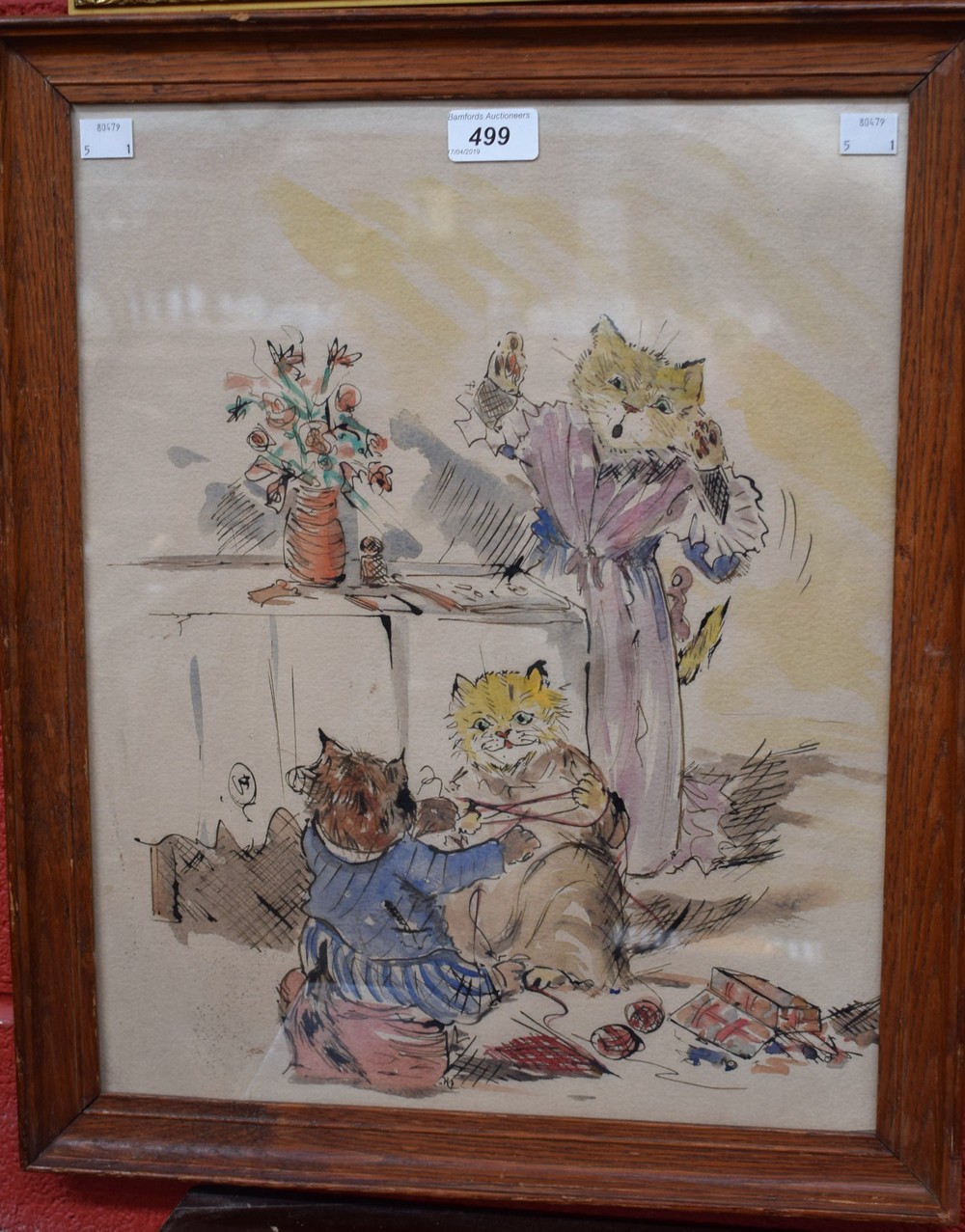 In the manner of Louis Wain, Cats At Play, watercolour,