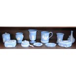 Wedgwood blue Jasperware including vases, boxes, dishes,