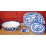 A 19th century blue and white Willow pattern meat plate;