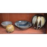 Studio Pottery - an Alan Ward ribbed bowl, signed, approx 26cm diameter; a tapered baluster vase,