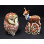 A Royal Crown Derby paperweight, Barn Owl, gold stopper, boxed; another, Fawn, gold stopper,