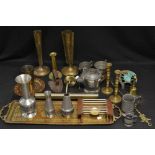 Metalware - an Art Deco pewter tea set; pewter vases; brassware;