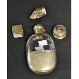 A silver and facet cut glass hip flask, Mappin & Webb, Sheffield 1896; a small silver desk weight,