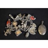 A silver charm bracelet with a variety of charms including a ten shilling note charm,