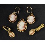A 9ct gold cameo pendant; a pair of gilt cameo earrings;