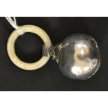 A silver and mother of pearl baby's bell rattle teether, hammered finish, Haseler & Bill,