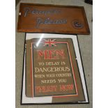 A World War One call to enlist poster, approx 73cm x 54cm; a Player's cigarettes advertising panel,