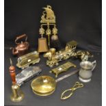 Metalware - a brass model of an American locomotive and tender; a copper kettle; a brass cannon;