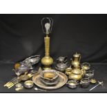 A brass Persian table lamp; an EPNS tea service; other brass and silver plated wares;