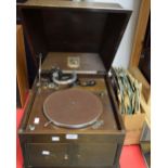An HMV table top gramophone, oak cased, c.
