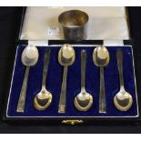 A set of six Art Deco silver teaspoons, geometric terminals, gilt bowls, hallmarked,