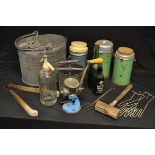 Kitchenalia - a Schweppes soda syphon; Thermos flasks; a galvanised mop bucket; a meat press,
