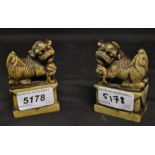 A pair of Chinese soapstone carvings, of Temple Lions, pedestal bases, 7.