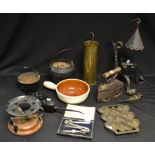 Metalware - a Swiss fondue set; flat iron, glue pot,